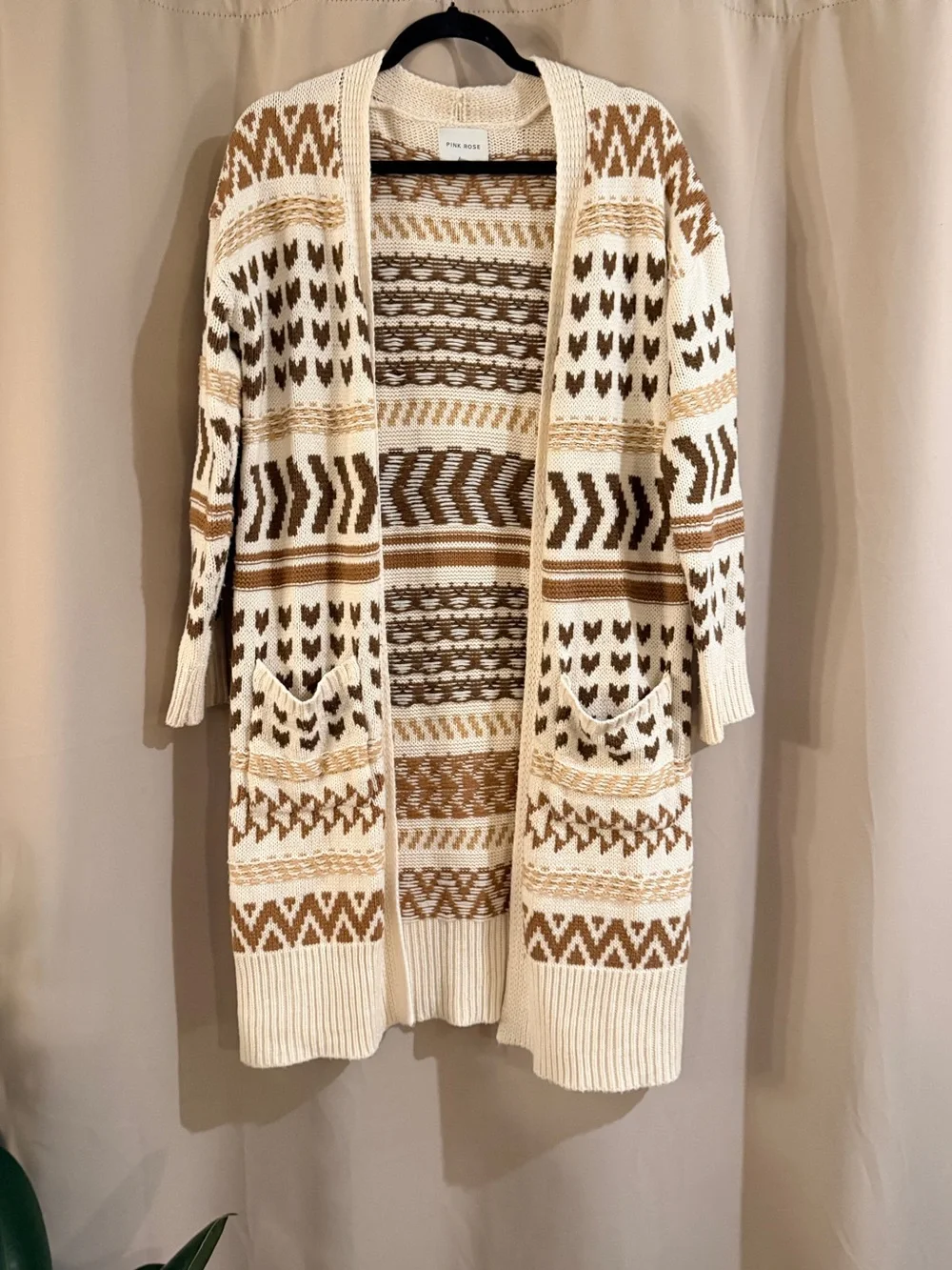 Pink Rose Cozy Patterned Open-Front Cardigan Sweater - Cream & Brown